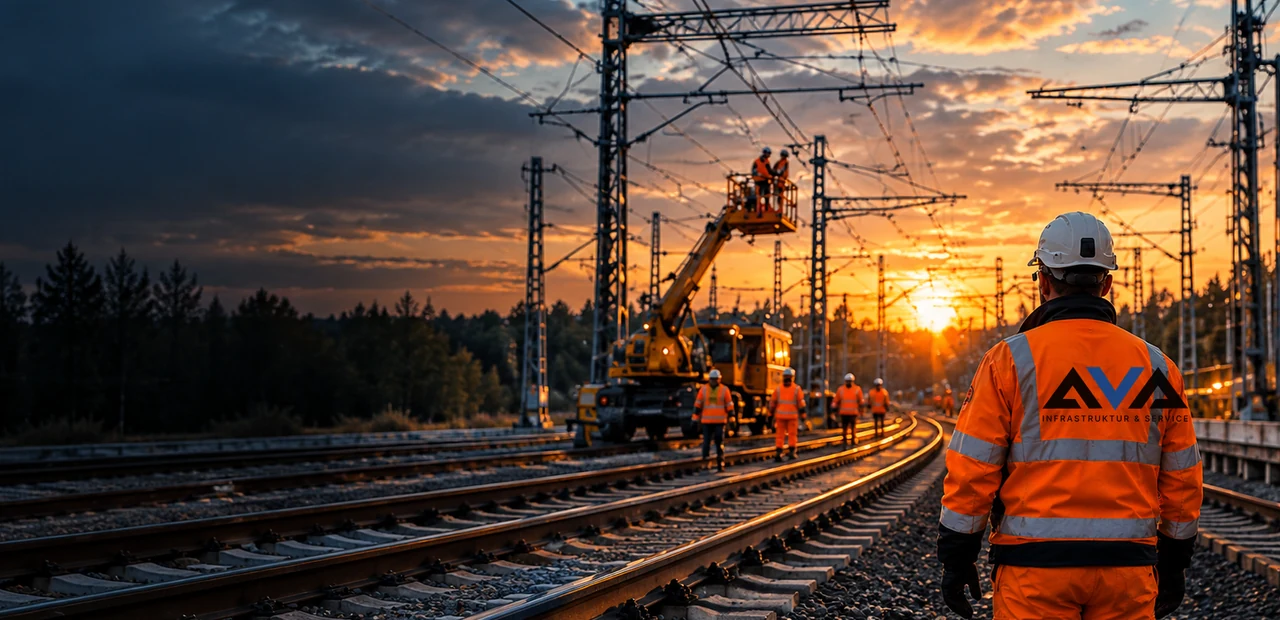 Bauarbeiter im Gleisbereich mit Bagger bei Sonnenuntergang