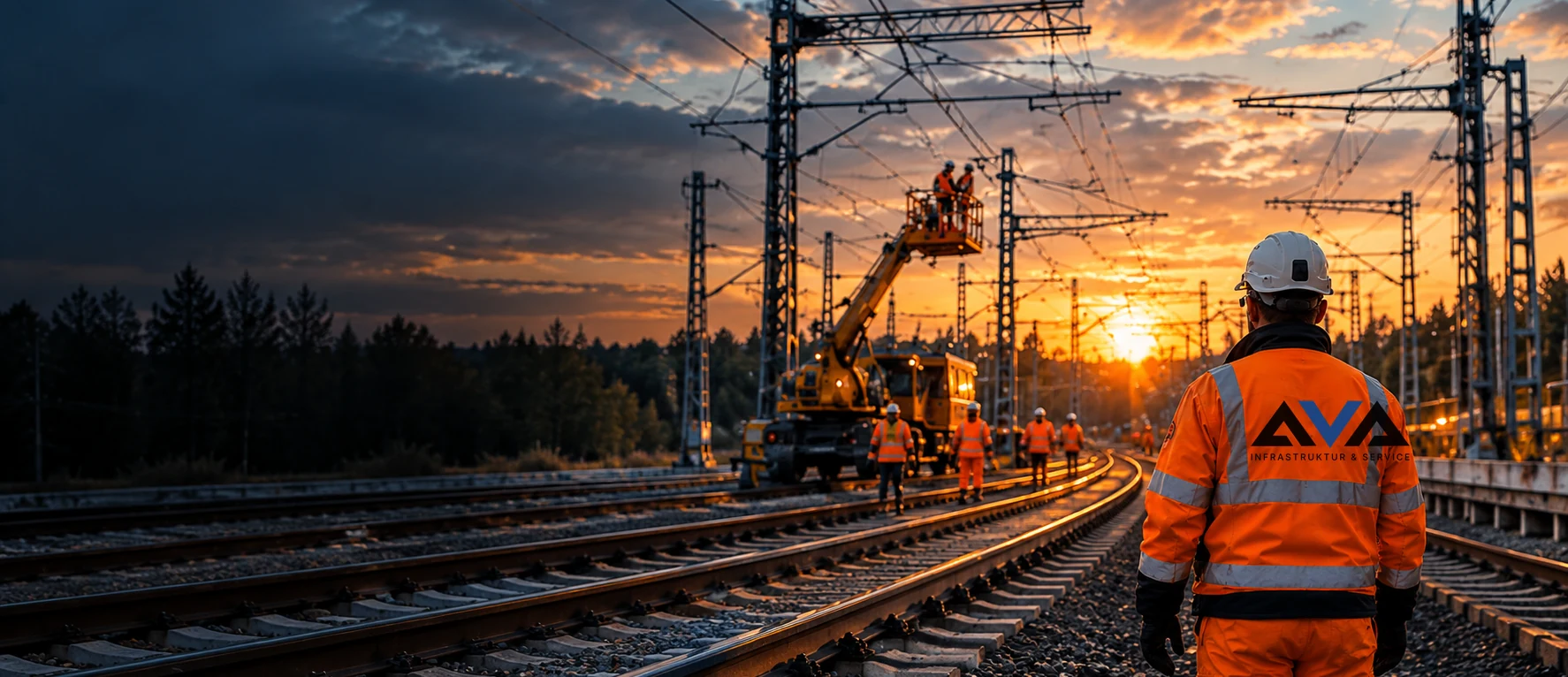 Arbeiten im Bahn- und Gleisbereich bei untergehender Sonne
