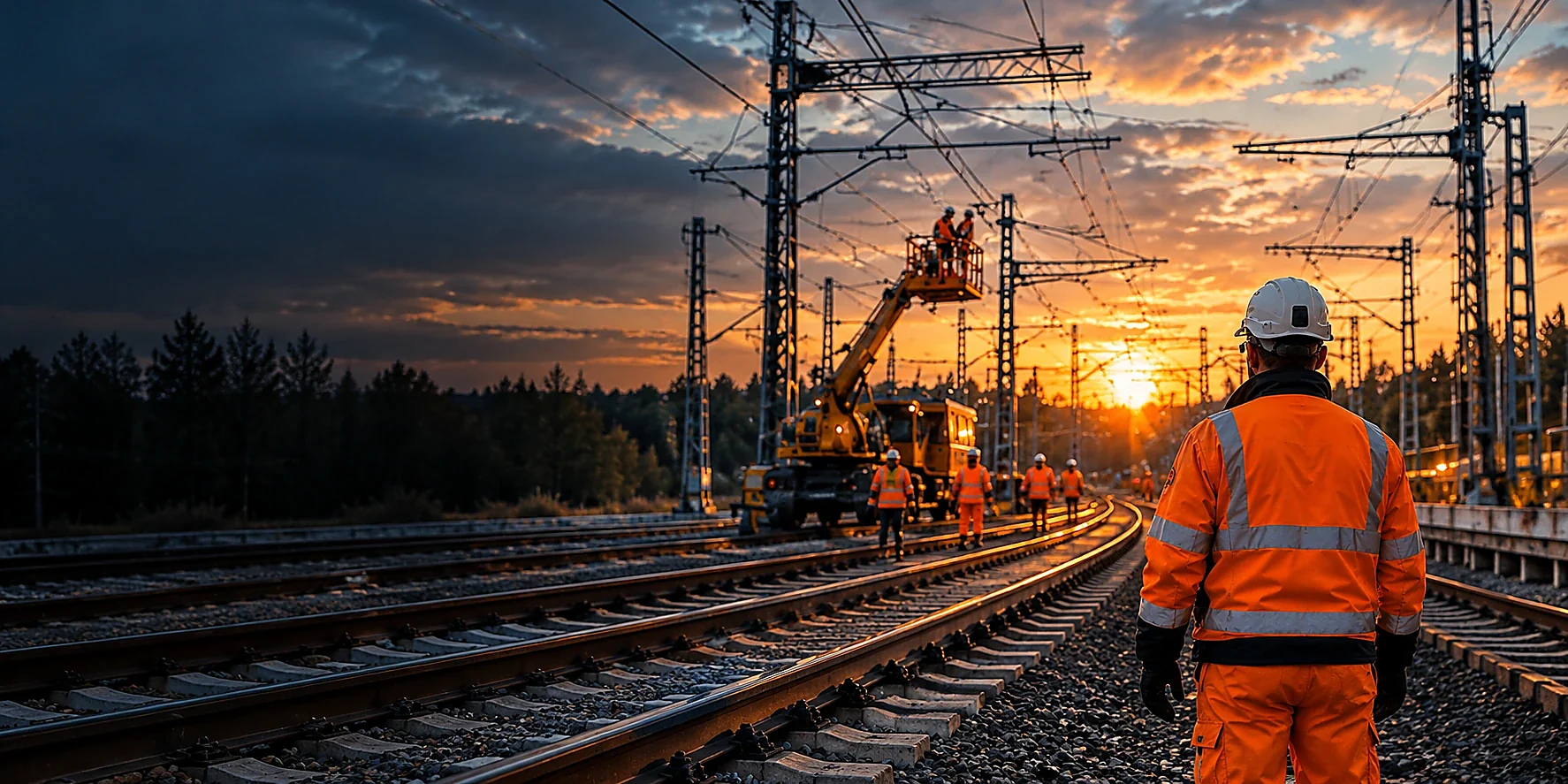 Bauarbeiten und Maschinen neben Bahngleisen